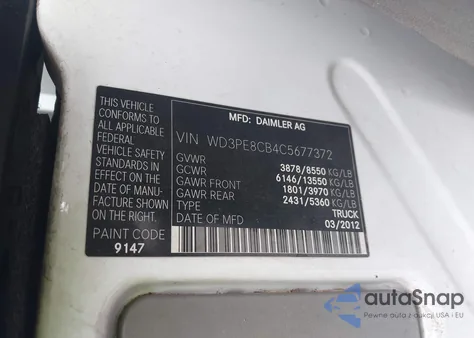 2012 Mercedes-Benz Sprinter 2500 High Roof z USA, uszkodzony, nr VIN WD3PE8CB4C5677372